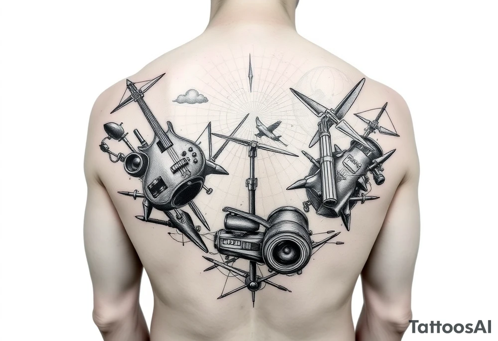 Music and travel themed half sleeve tattoo idea