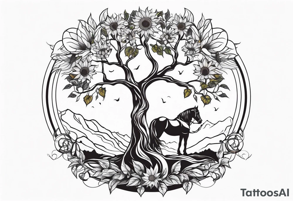 Yggdrasil tree, horse, sunflower tattoo idea