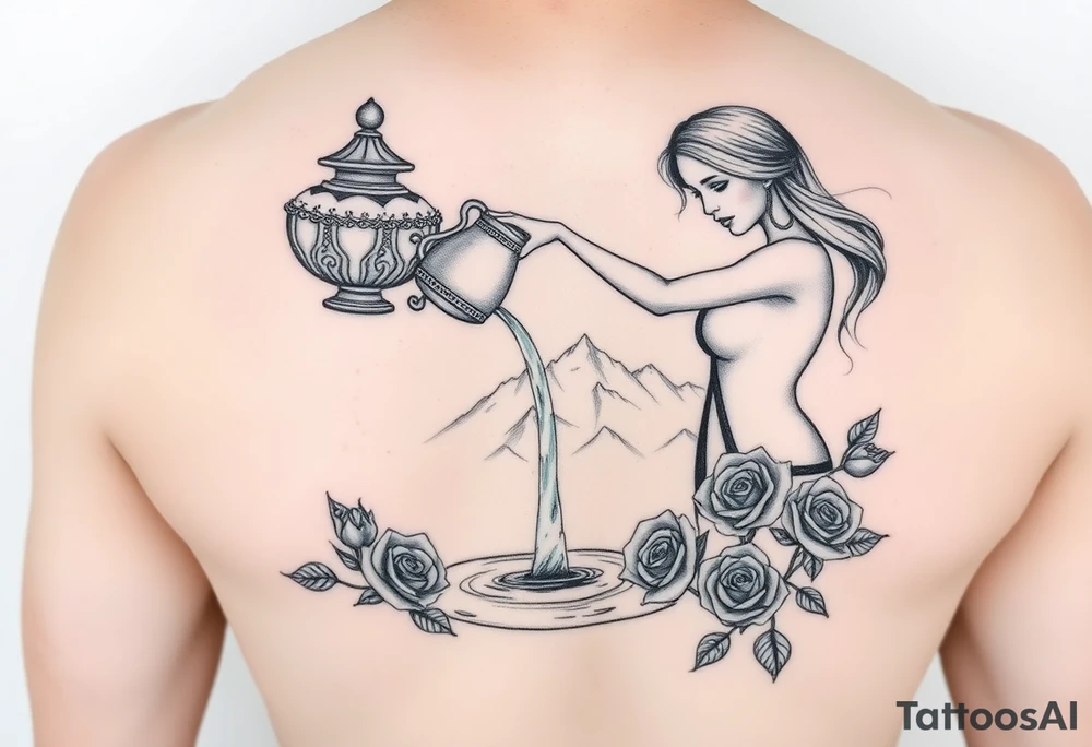 Beautiful female water bearer pouring an urn of water that flows into the Colorado mountain range into a small pool of water surrounded by roses tattoo idea