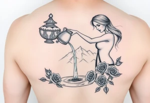 Beautiful female water bearer pouring an urn of water that flows into the Colorado mountain range into a small pool of water surrounded by roses tattoo idea