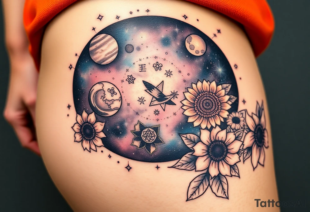 Milky way galaxy with planets with zodiac symbols and protection runes in it with tigerlillies roses and sunflowers tattoo idea