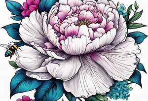 Vibrant peony with hydrangea and petunias foliage and a bee tattoo idea