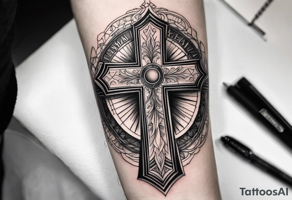 Forearm tattoo cross with rays of sun and
 a Bible verse Jeremiah 29:11 tattoo idea