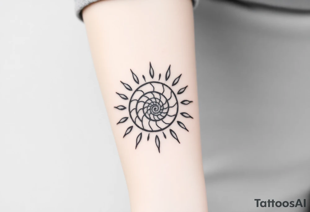 Fibonacci spiral shell inside of sun tattoo idea