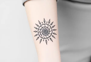 Fibonacci spiral shell inside of sun tattoo idea