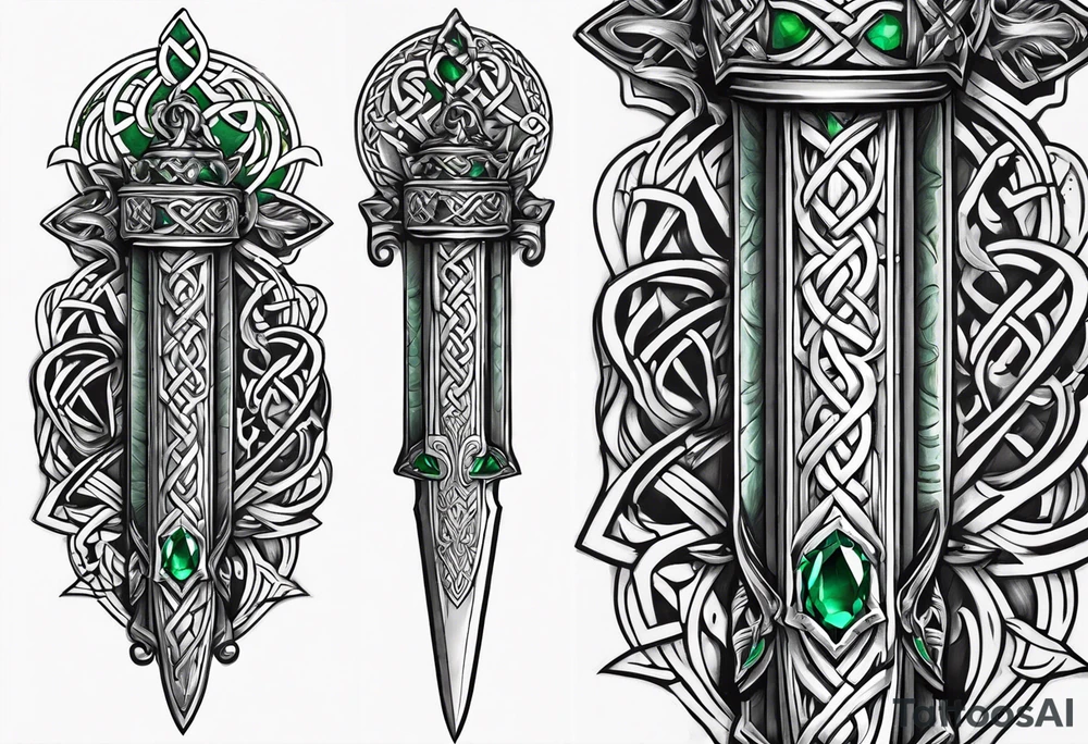 A Celtic dagger with an oak hilt turned upright and emerald gemstones on it tattoo idea