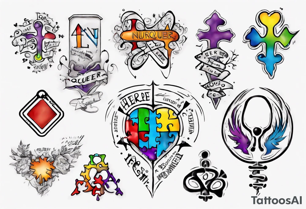 autism symbol with the words 
Here and Neuroqueer tattoo idea