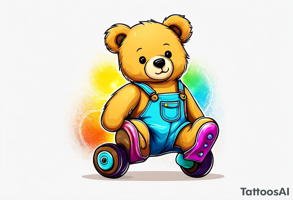 A light brown teddy bear in yellow overalls, rollerskating in rainbow colored skates tattoo idea