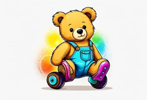 A light brown teddy bear in yellow overalls, rollerskating in rainbow colored skates tattoo idea