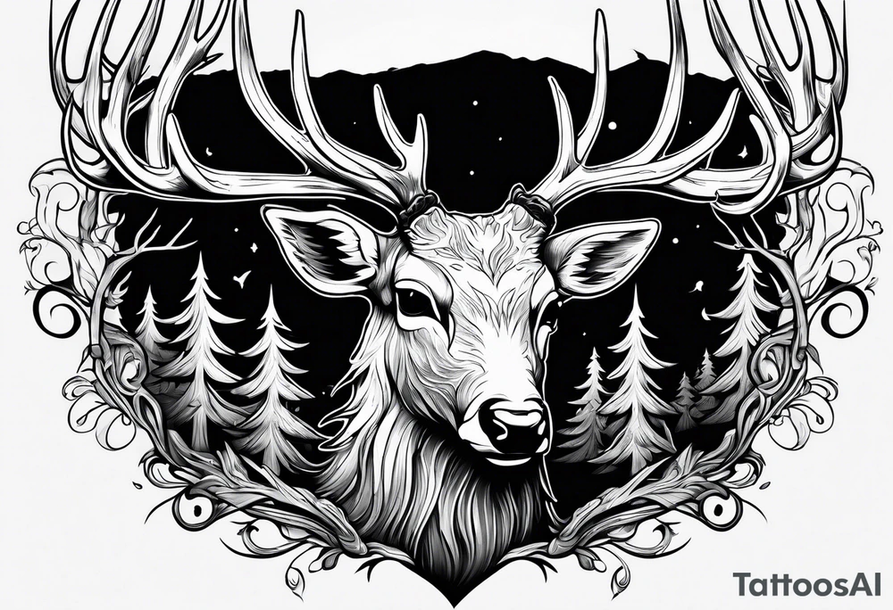 A frightening horror DECAYING deer carcass JUST BONE FROM THE SIDE surrounded by a forest fire in background tattoo idea