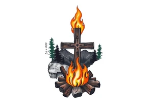Campfire with cross include the great outdoors and night sky make sure cross doesn't look like it is on fire tattoo idea