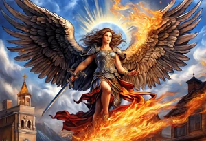 Archangel Michael flying over house fire tattoo idea