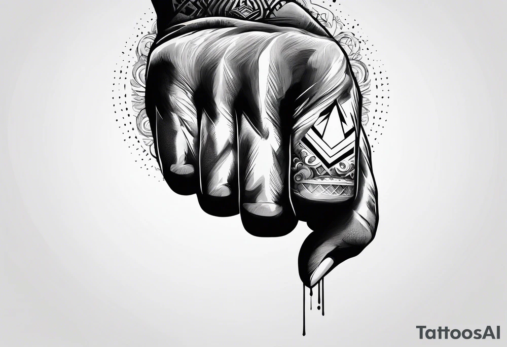 A clenched fist, the hand contains five fingers as specified, the tattoo is a back tattoo using negative space drawing techniques tattoo idea