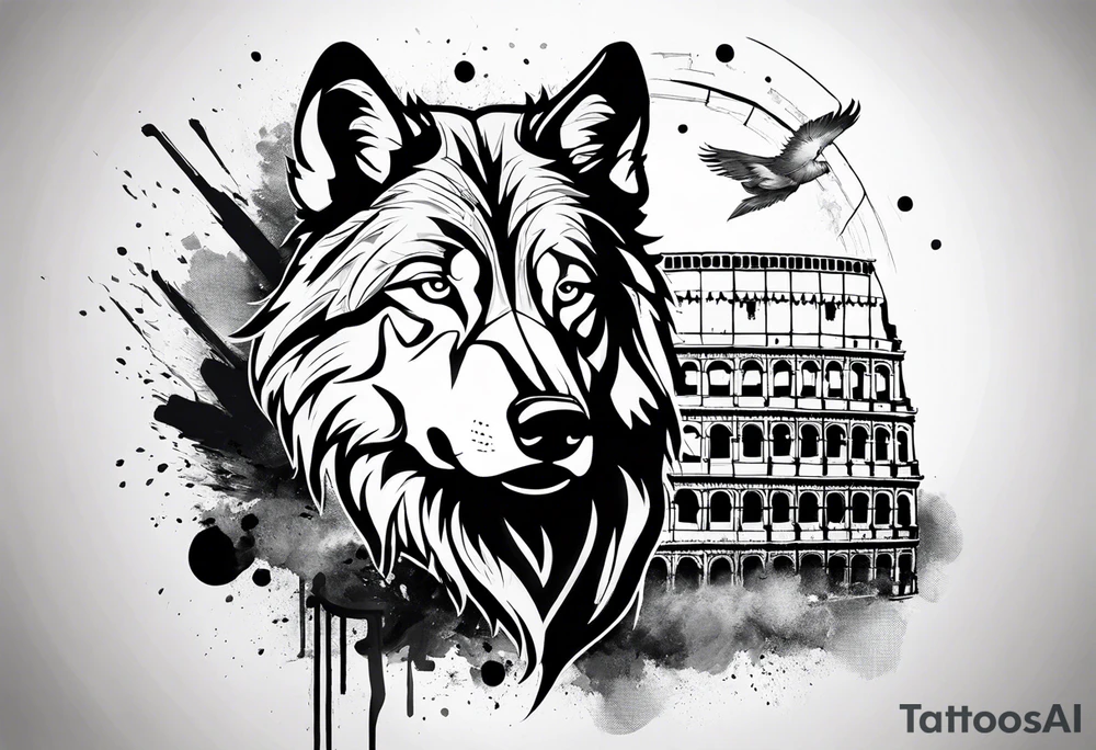 Abstract trash polka style tattoo with a wolf and the Roman Colosseum. tattoo idea