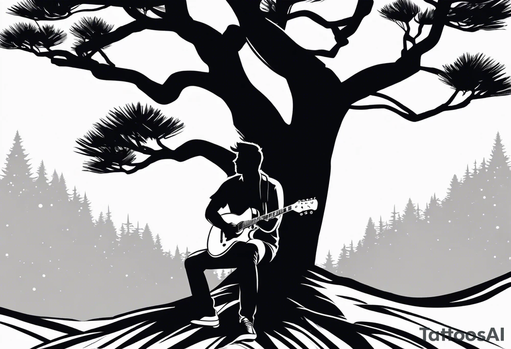 silhouette of a man playing electric guitar while sitting in a pine tree. super simple sketch tattoo idea