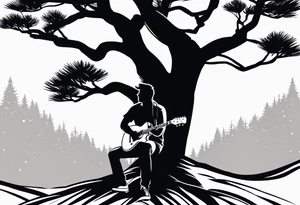 silhouette of a man playing electric guitar while sitting in a pine tree. super simple sketch tattoo idea