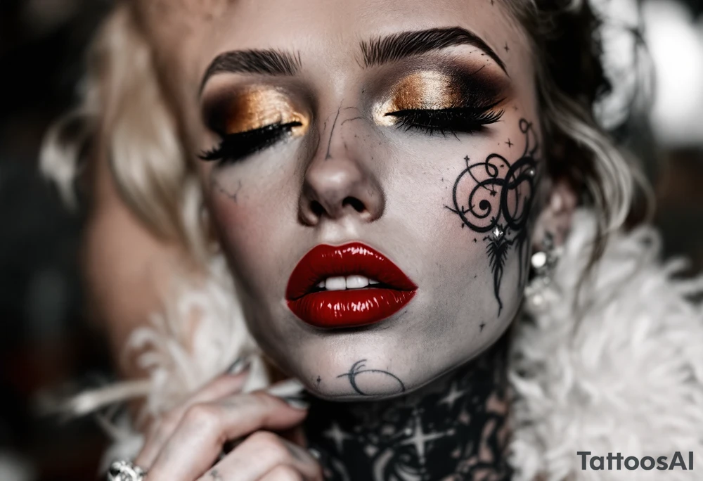 Realistic close-up of her face in grayscale with vivid red lips and golden eyeshadow. tattoo idea