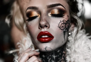 Realistic close-up of her face in grayscale with vivid red lips and golden eyeshadow. tattoo idea