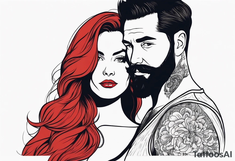 Busty red haired woman with a bearded man who has black hair tattoo idea