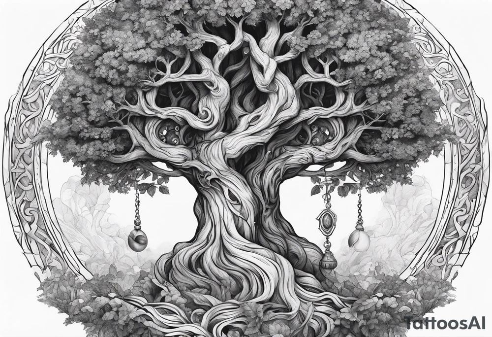 The deity Pan is entwined in a tree which is a portal tattoo idea