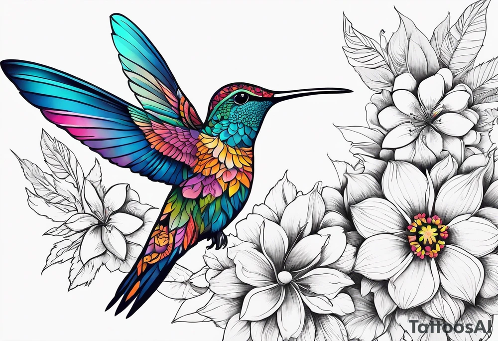 Flowers, colorful, horizontal, botanical, mandala background with hummingbird in the middle tattoo idea