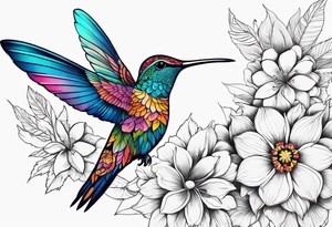 Flowers, colorful, horizontal, botanical, mandala background with hummingbird in the middle tattoo idea