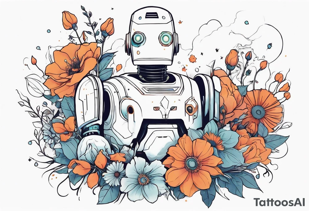 Ghost dressed like a robot, surrounded by flowers, tattoo idea Ghost dressed like a robot, surrounded by flowers, tattoo idea