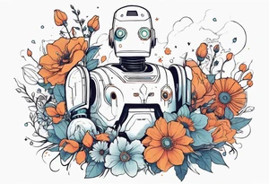 Ghost dressed like a robot, surrounded by flowers, tattoo idea