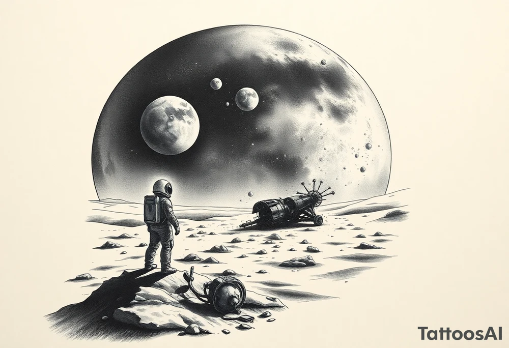Full sleeve tattoo design for the right forearm, in realistic black and grey style.
The scene shows a lonely astronaut standing on the surface of an unknown planet, similar to the Moon’s landscape.
In front of him stretches a vast, mysterious universe filled with glowing planets, stars, and cosmic nebula light.
A few meters beside him lies a crashed and smoking spaceship, broken and damaged, showing clear signs of impact.
The image represents loneliness and survival — the moment when the astronaut realizes he is completely alone in an unfamiliar world.
The atmosphere should feel melancholic, cinematic, and deeply emotional, combining realism with fantasy.
Fine shading, detailed textures, and strong light-shadow contrast, designed to wrap naturally around the right forearm. tattoo idea