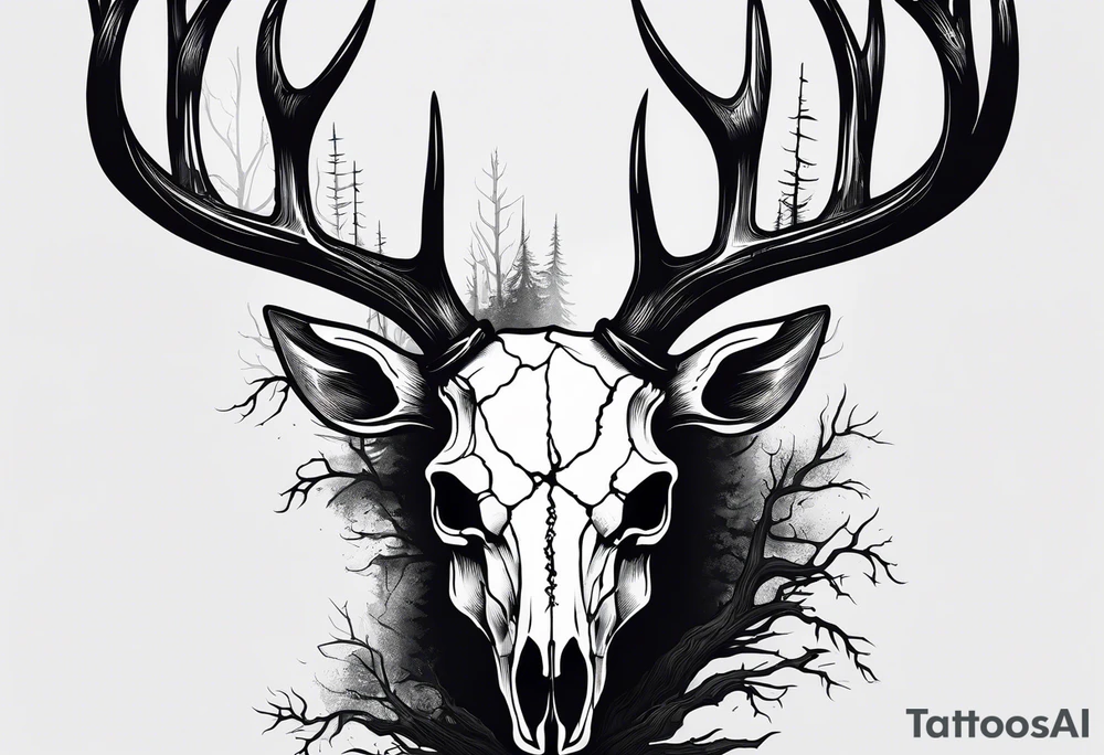 A side view of a frightening horror DECAYING deer skull JUST BONE surrounded by a forest fire in background tattoo idea A side view of a frightening horror DECAYING deer skull JUST BONE surrounded by a forest fire in background tattoo idea
