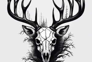 A side view of a frightening horror DECAYING deer skull JUST BONE surrounded by a forest fire in background tattoo idea