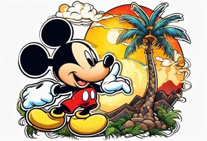 mickey mouse holding lightning with palm trees doing martial arts at the disney castle tattoo idea