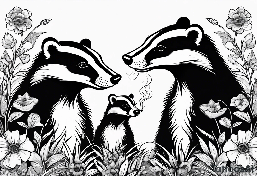Trippy, pair of badger siblings in a field of flowers smoking a cigar tattoo idea