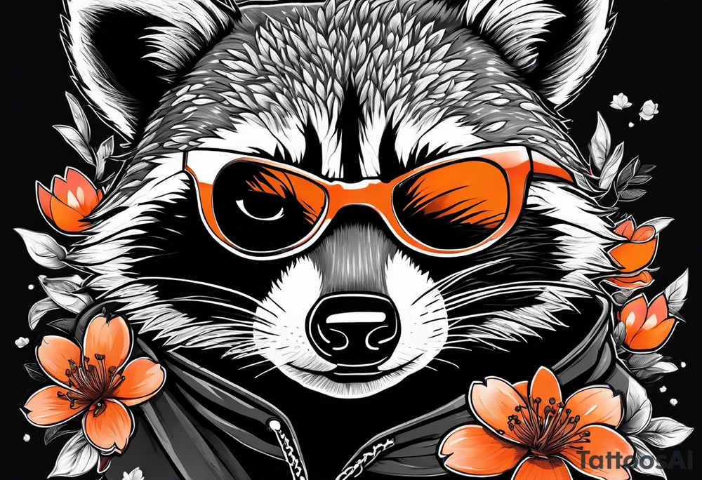 Raccoon wearing a white Superman logo on a black hoodie and orange Japanese cherry blossoms beside tattoo idea