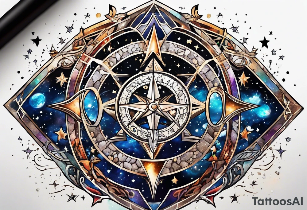 Matter, energy, space and time with an old stone theta symbol with stars in the background and Scorpio constellation tattoo idea