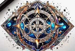 Matter, energy, space and time with an old stone theta symbol with stars in the background and Scorpio constellation tattoo idea
