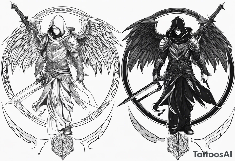 Arch angel hood fighting sword male full body heavenly tattoo idea