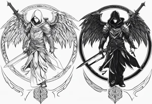 Arch angel hood fighting sword male full body heavenly tattoo idea