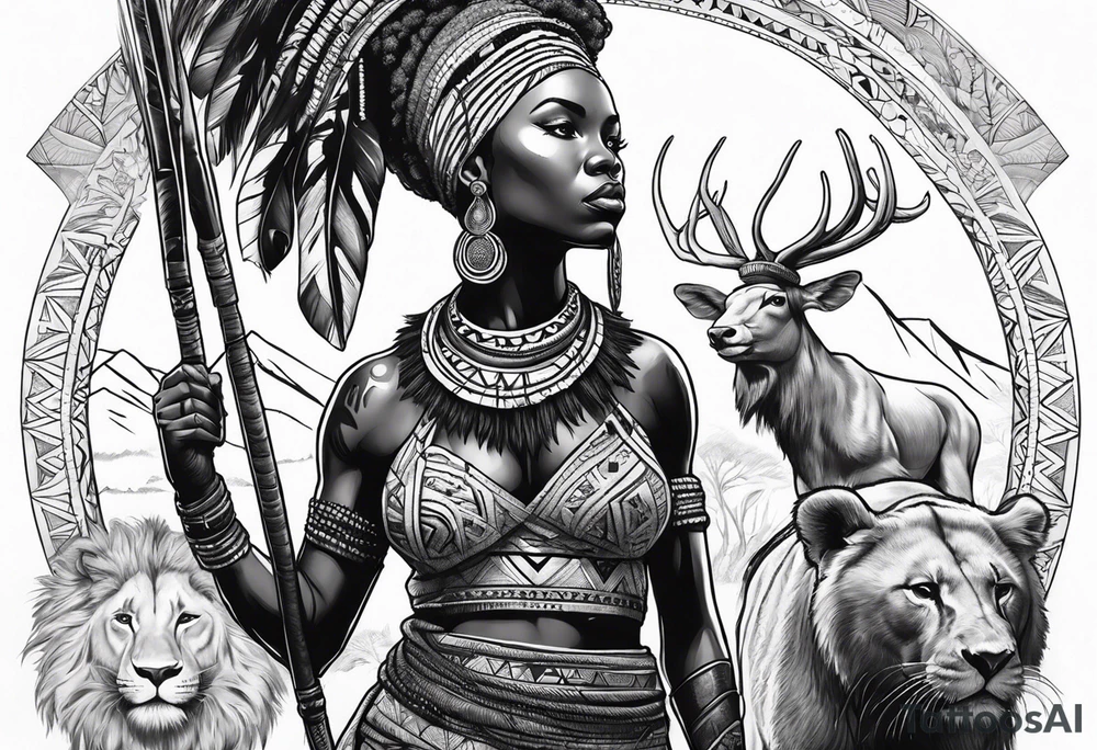 African woman warrior with tribe scars holding a spear with animals in the background tattoo idea