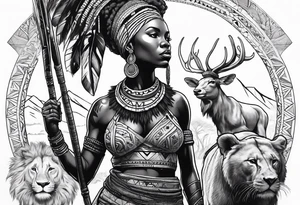 African woman warrior with tribe scars holding a spear with animals in the background tattoo idea