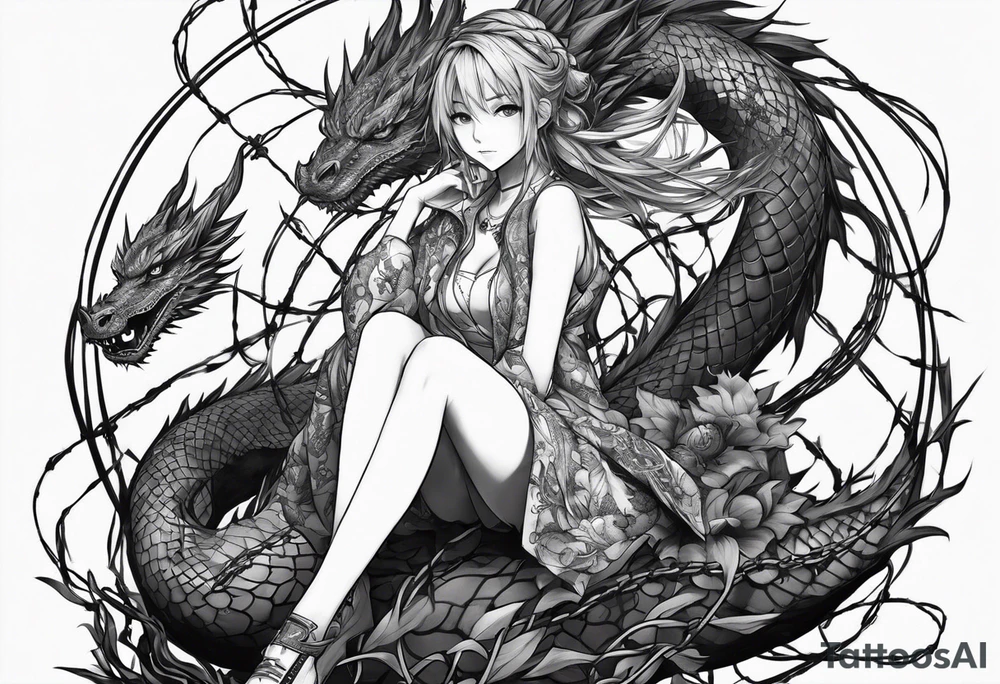 an anime girl, sitting on a ball, surrounded by barbed wire and asian dragon tattoo idea