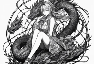 an anime girl, sitting on a ball, surrounded by barbed wire and asian dragon tattoo idea