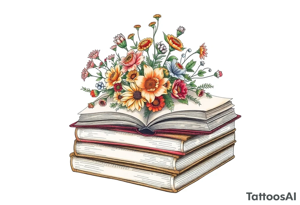 stack of 3 vintage books top book open with bouquet of different kinds of wild 
flowers coming out of it tattoo idea