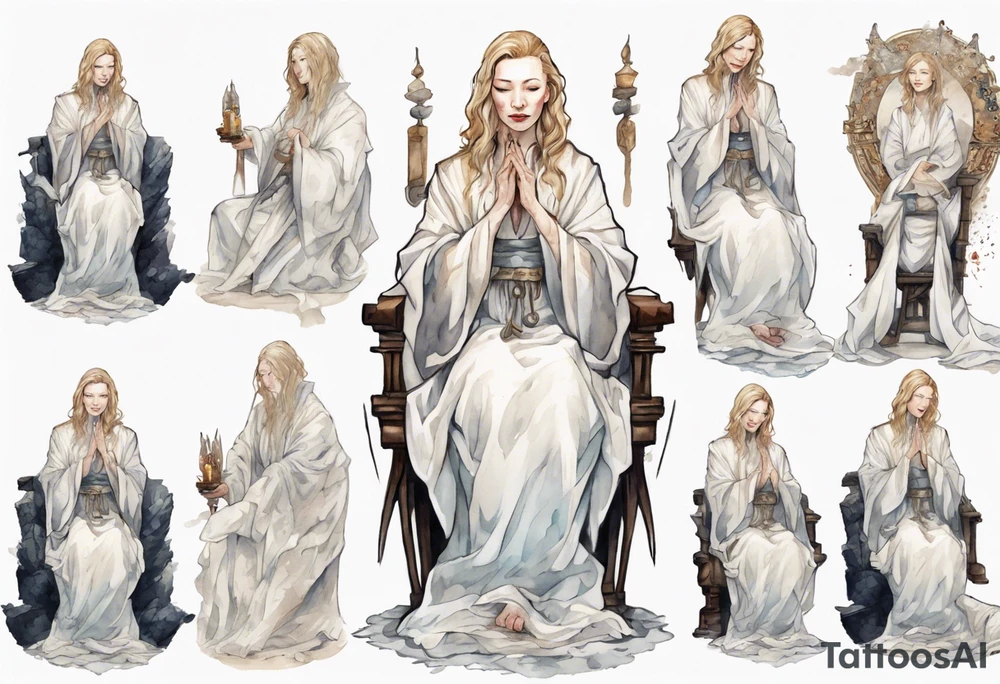 medieval Cate Blanchett dressed in white robes, sitting on a throne, weeping tattoo idea