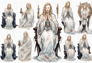 medieval Cate Blanchett dressed in white robes, sitting on a throne, weeping tattoo idea