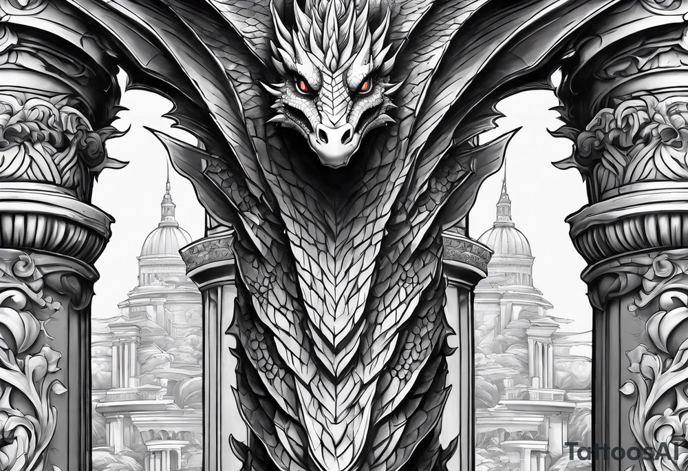 Not scary Dragon broken roman columns tattoo idea