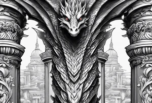Not scary Dragon broken roman columns tattoo idea