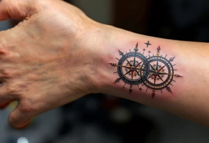 Matching antique-style compasses with red pointers on the chest guide you back to each other. tattoo idea