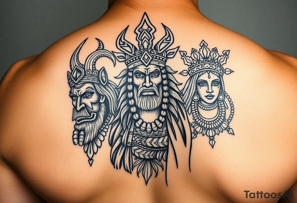 powerful majestic African gods ogun and obatala with goddess oshun tattoo idea