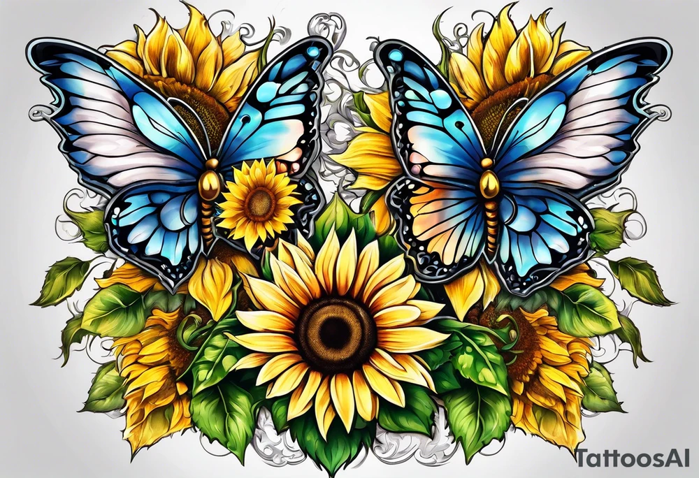Winged cross with sunflower and butterflies tattoo idea